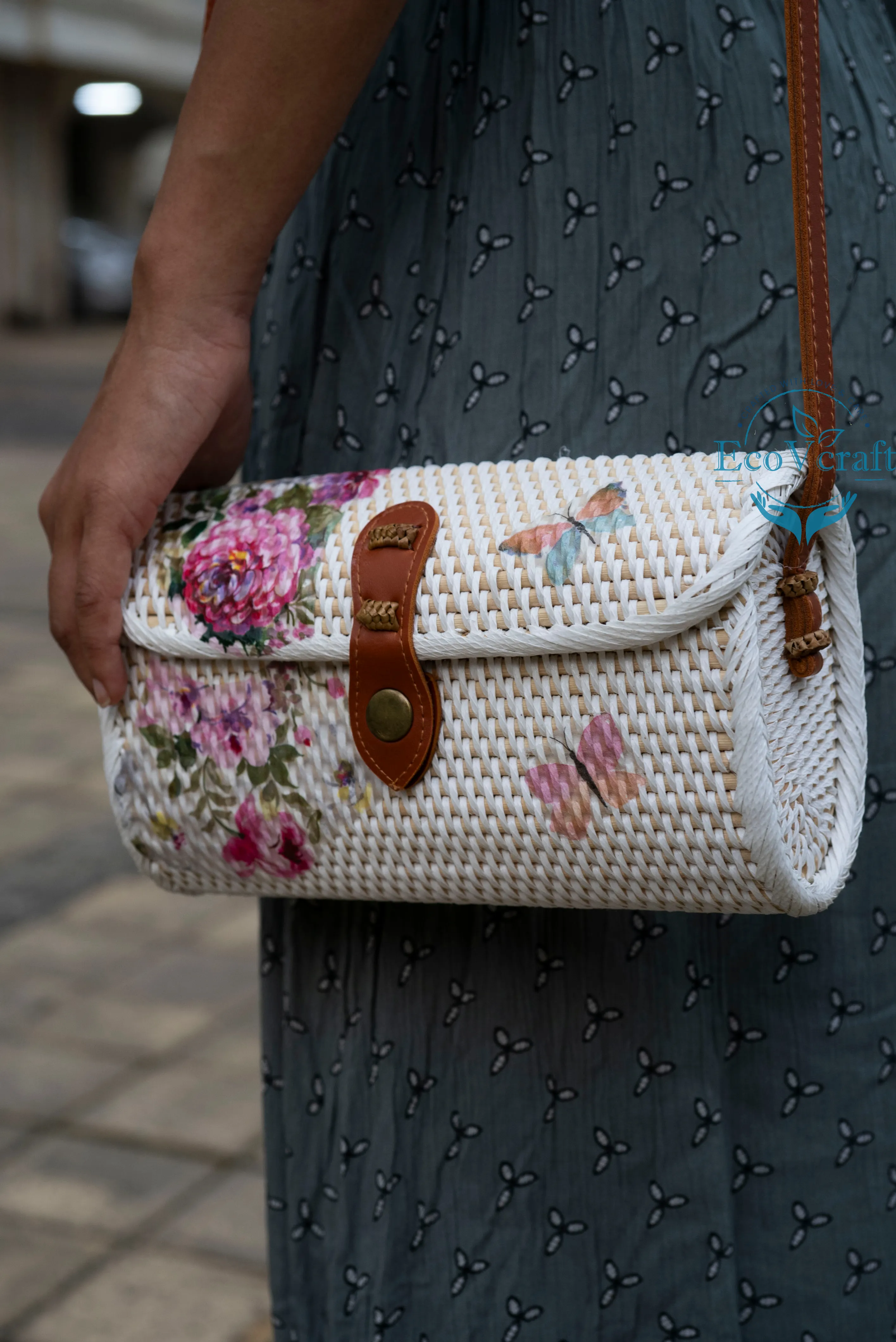 Pink Flower with Butterfly White Rectangular Sling Bag