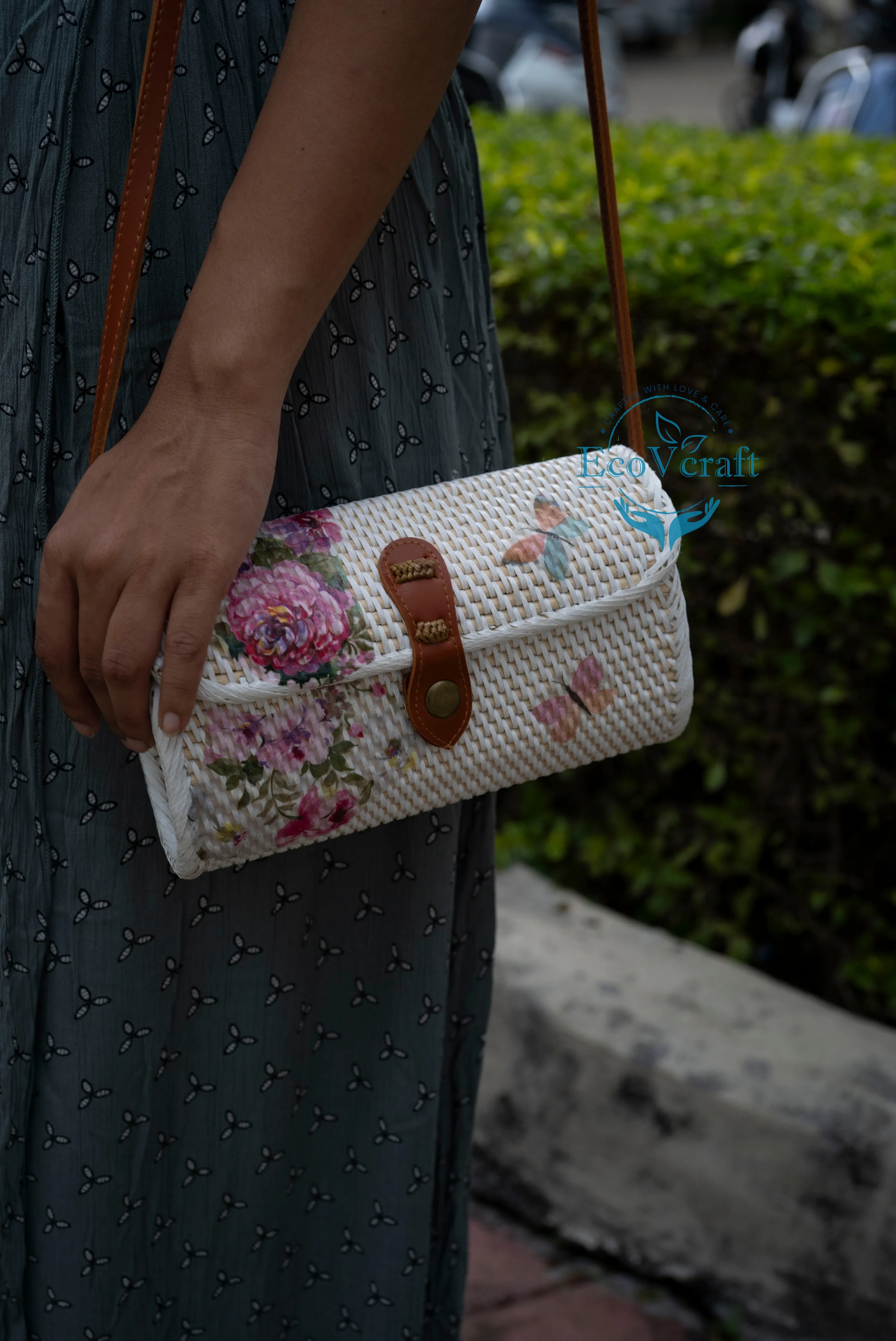 Pink Flower with Butterfly White Rectangular Sling Bag