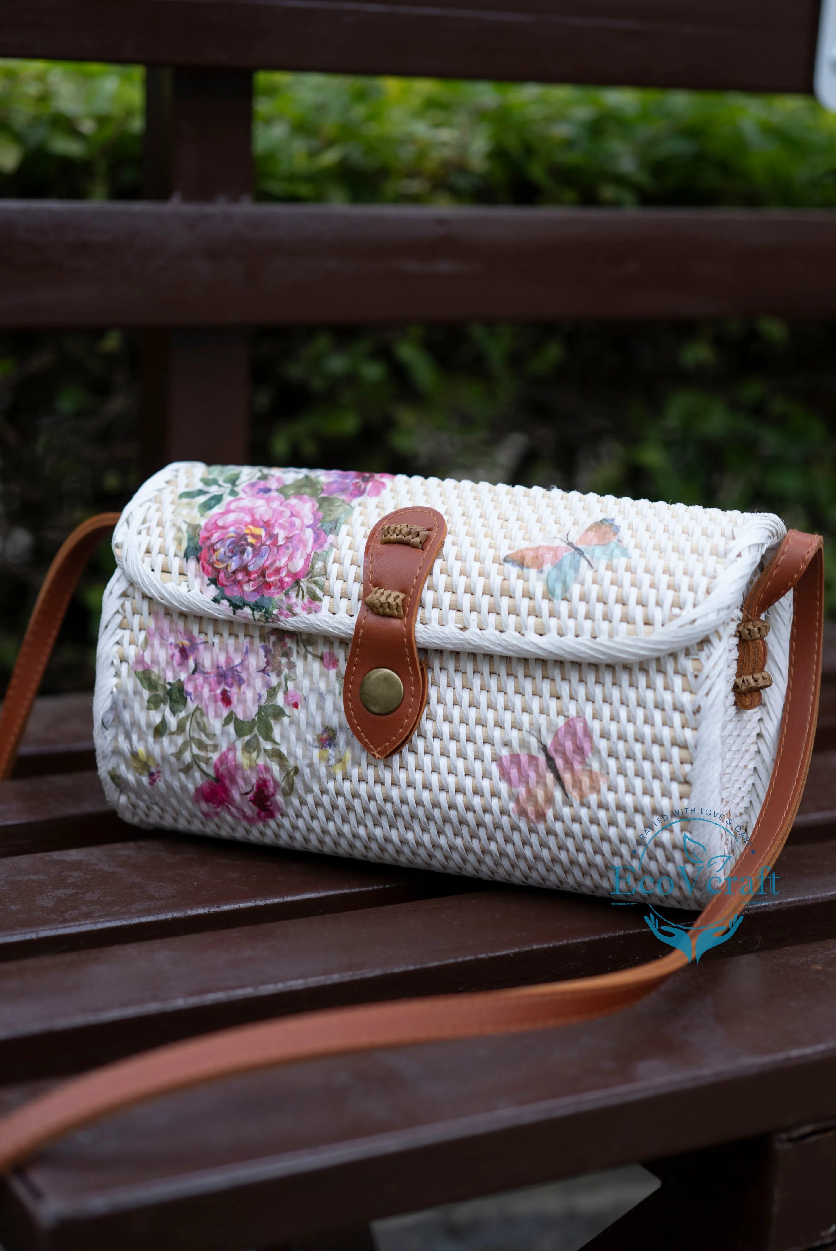 Pink Flower with Butterfly White Rectangular Sling Bag