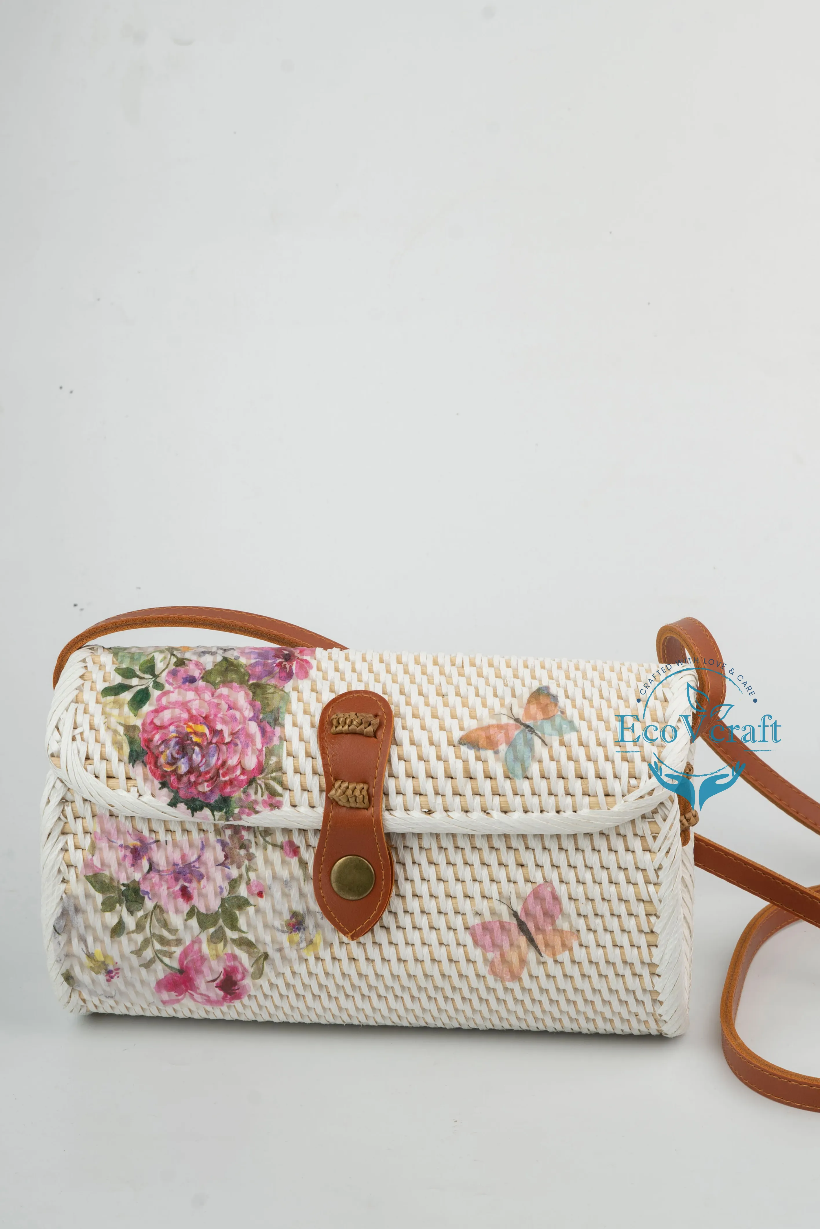 Pink Flower with Butterfly White Rectangular Sling Bag