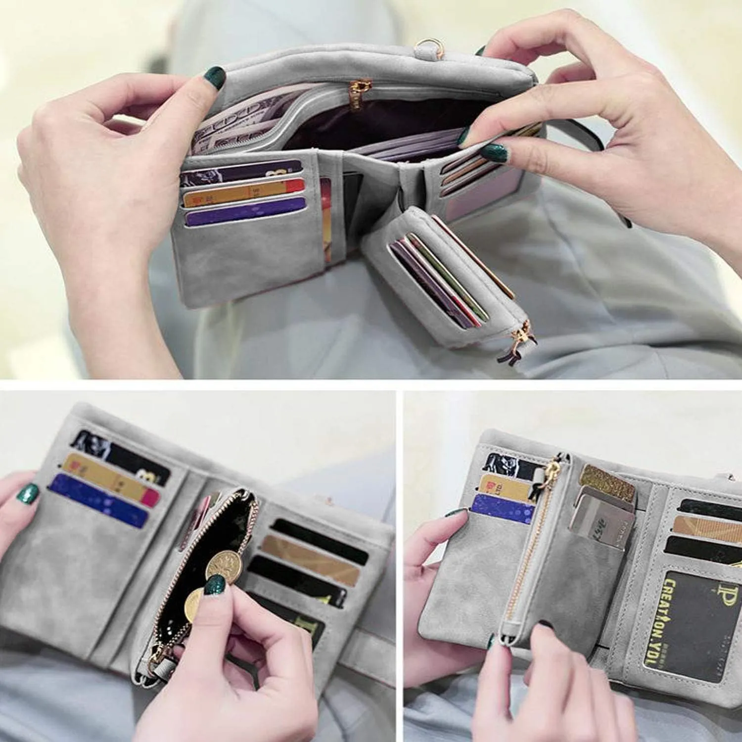 PofeeXIO Womens Small Bifold Leather Wallets RFID Ladies Wristlet with Card Slots id Window Zipper Coin Purse