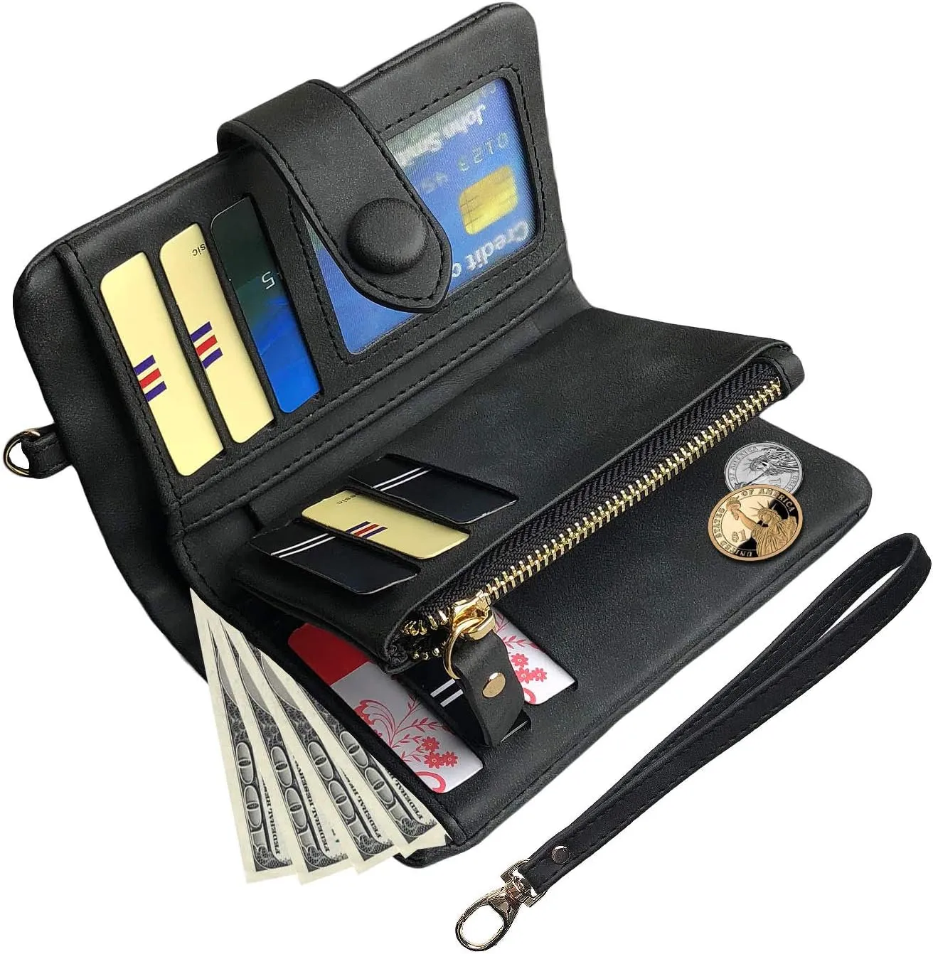 PofeeXIO Womens Small Bifold Leather Wallets RFID Ladies Wristlet with Card Slots id Window Zipper Coin Purse