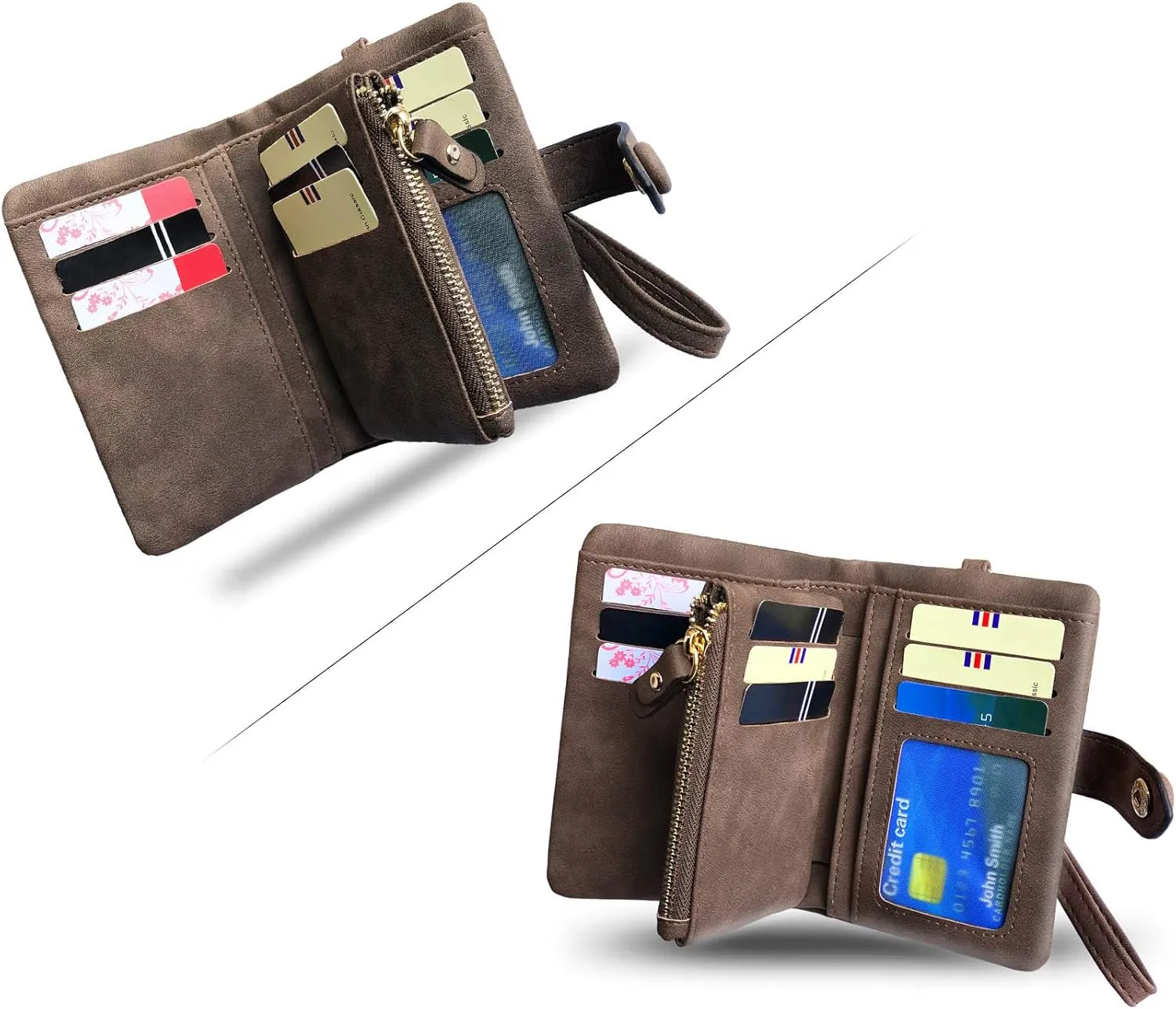 PofeeXIO Womens Small Bifold Leather Wallets RFID Ladies Wristlet with Card Slots id Window Zipper Coin Purse