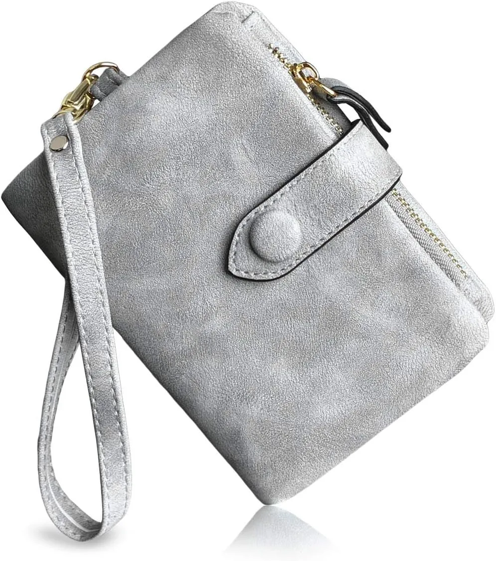 PofeeXIO Womens Small Bifold Leather Wallets RFID Ladies Wristlet with Card Slots id Window Zipper Coin Purse