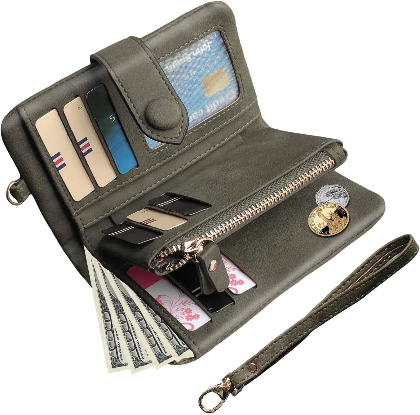 PofeeXIO Womens Small Bifold Leather Wallets RFID Ladies Wristlet with Card Slots id Window Zipper Coin Purse
