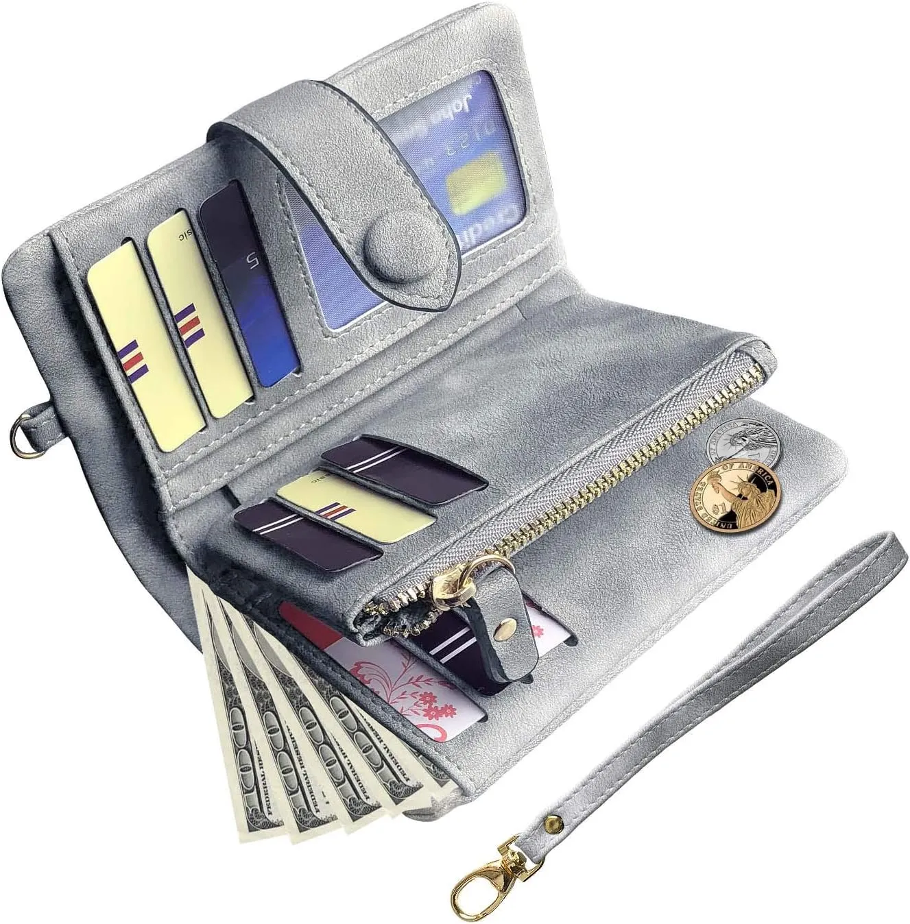 PofeeXIO Womens Small Bifold Leather Wallets RFID Ladies Wristlet with Card Slots id Window Zipper Coin Purse