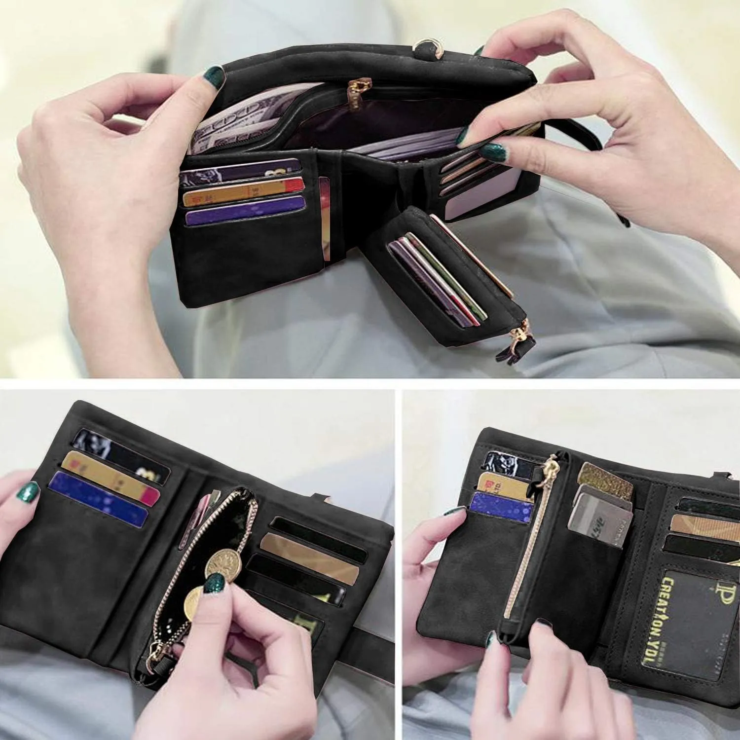 PofeeXIO Womens Small Bifold Leather Wallets RFID Ladies Wristlet with Card Slots id Window Zipper Coin Purse