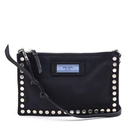Prada Black Nylon Studded Etiquette Zip Shoulder Bag