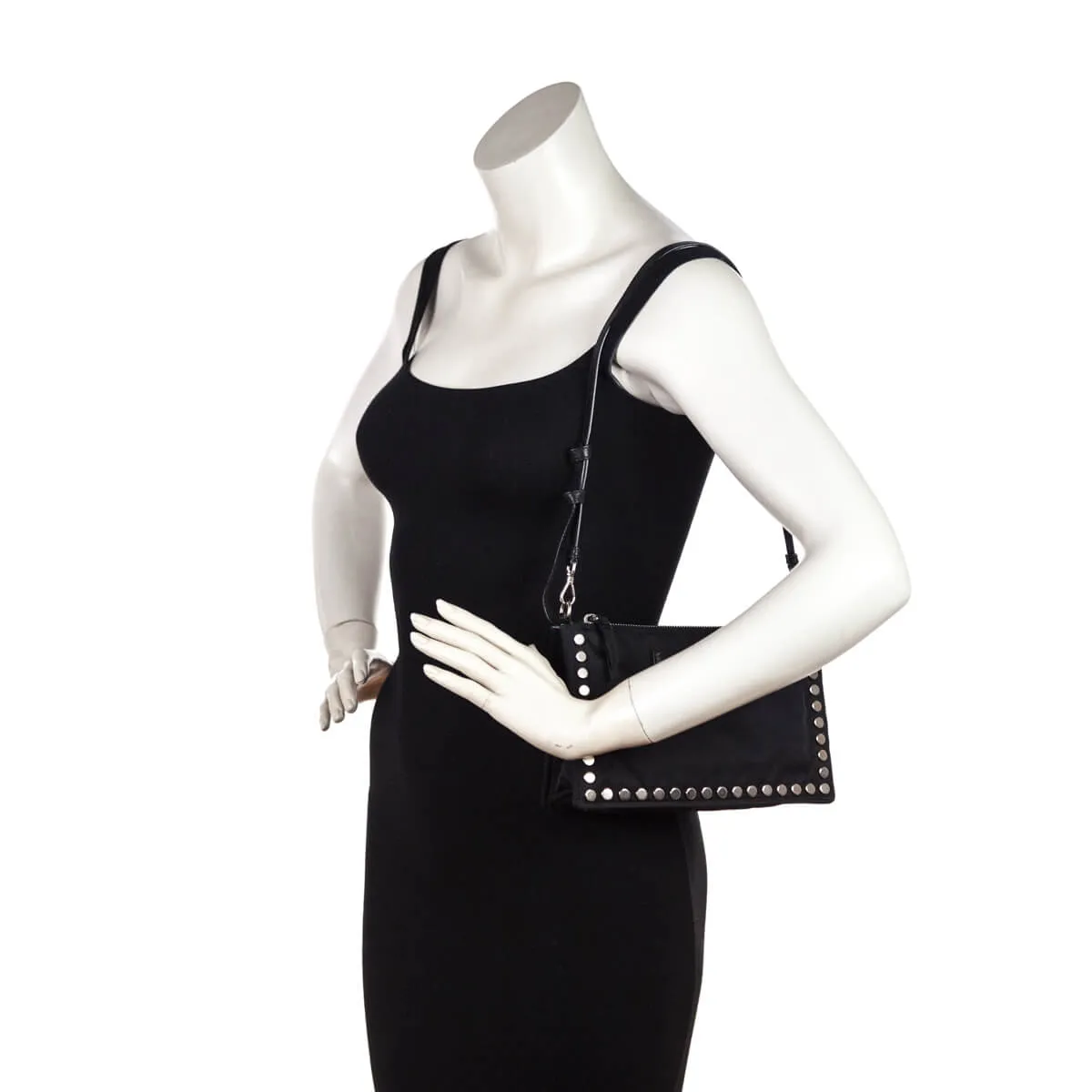 Prada Black Nylon Studded Etiquette Zip Shoulder Bag