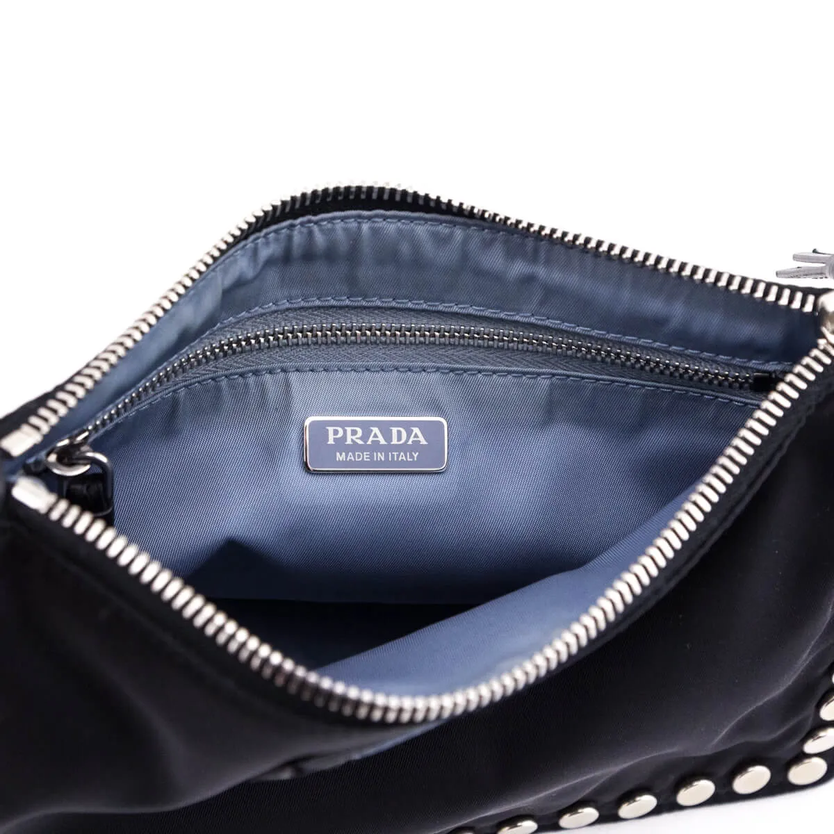 Prada Black Nylon Studded Etiquette Zip Shoulder Bag