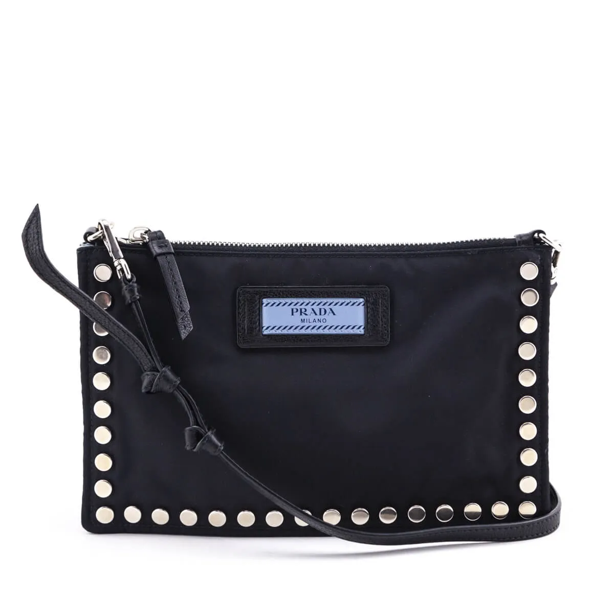 Prada Black Nylon Studded Etiquette Zip Shoulder Bag