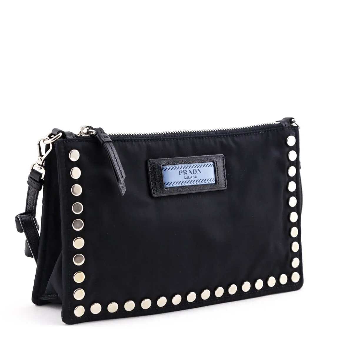 Prada Black Nylon Studded Etiquette Zip Shoulder Bag
