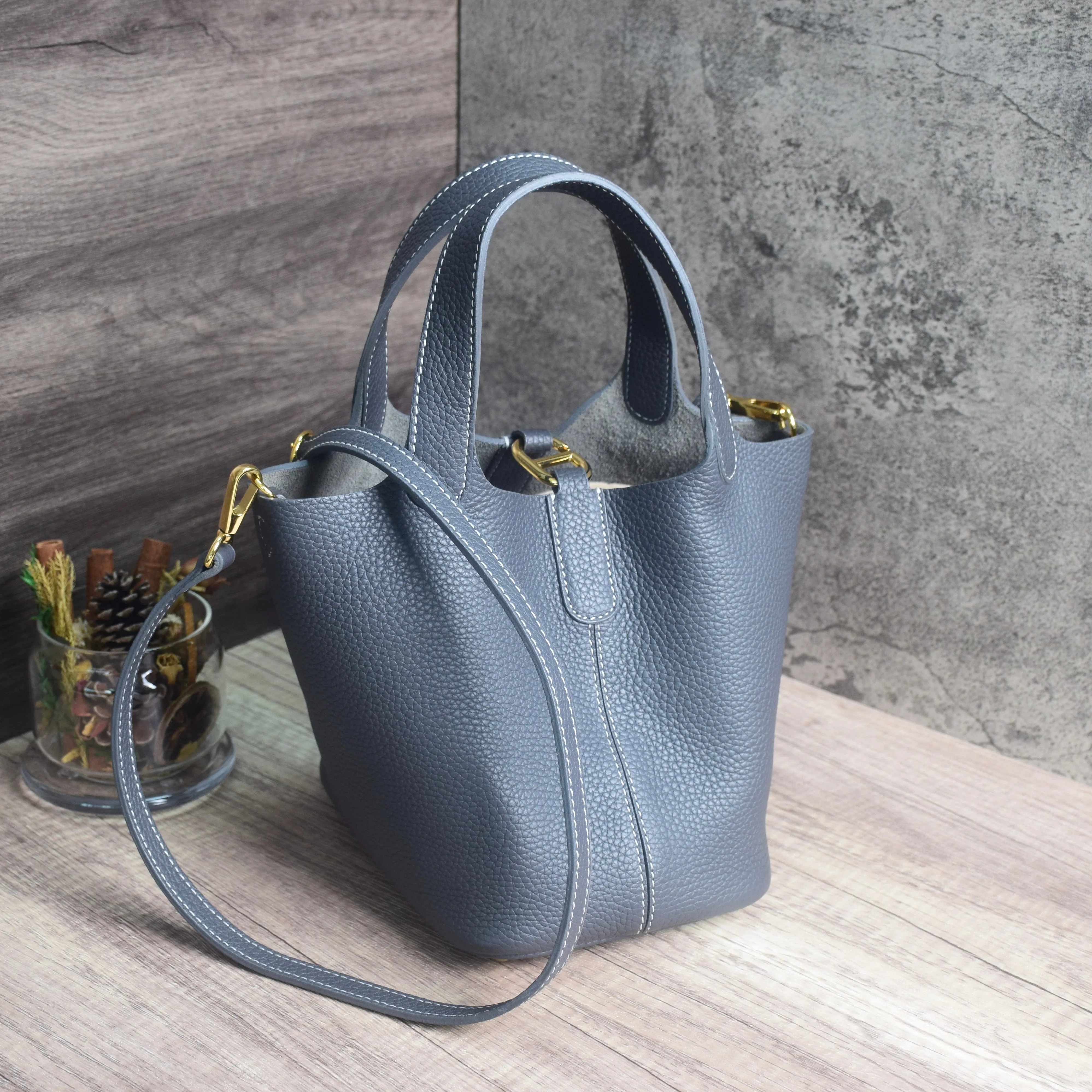 PRE ORDER Josette - Versatile Bucket Bag - Grained Cowhide - ELEPHANT GREY