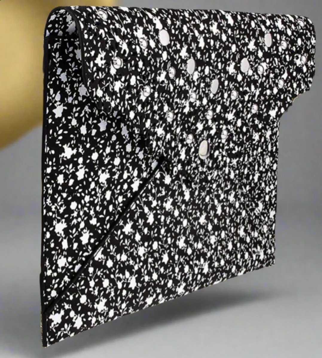 Rebecca Minkoff Leo Laser Cut Studs Scallop Edge Black Print Leather Envelope Clutch