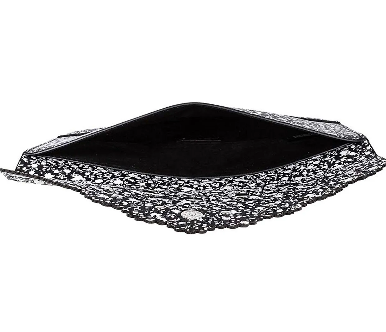 Rebecca Minkoff Leo Laser Cut Studs Scallop Edge Black Print Leather Envelope Clutch