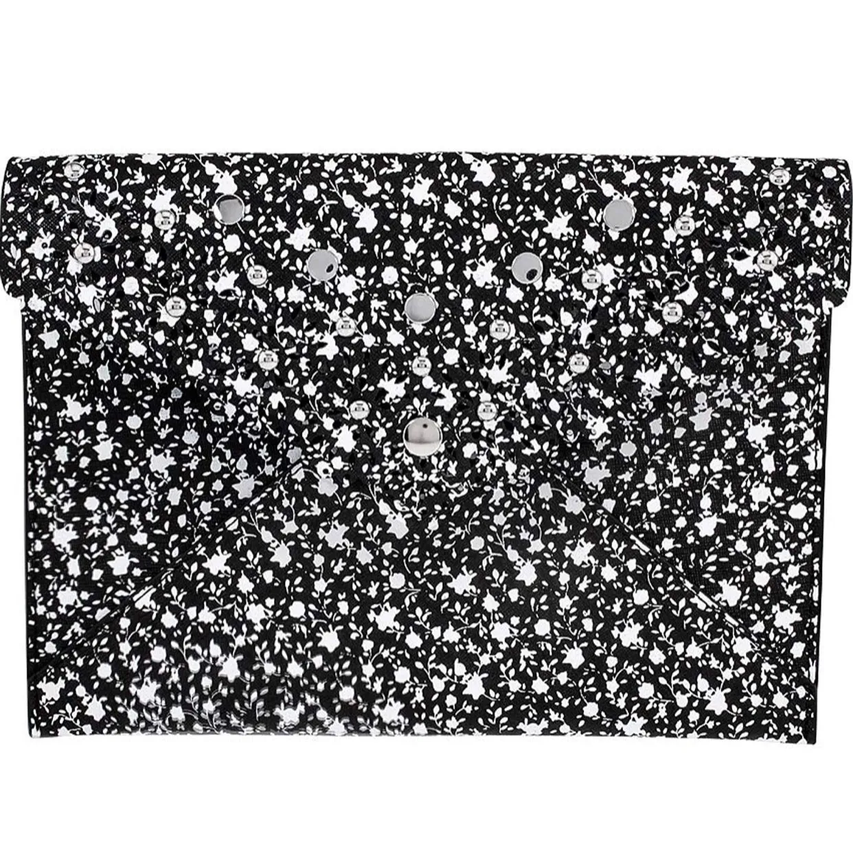 Rebecca Minkoff Leo Laser Cut Studs Scallop Edge Black Print Leather Envelope Clutch
