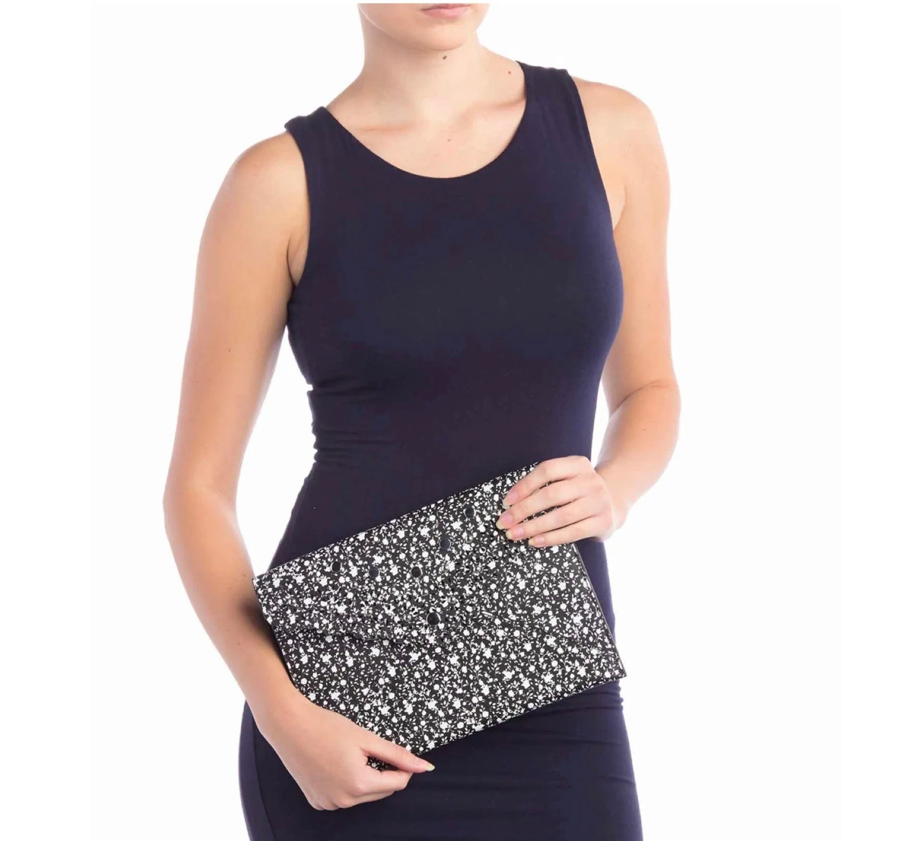 Rebecca Minkoff Leo Laser Cut Studs Scallop Edge Black Print Leather Envelope Clutch