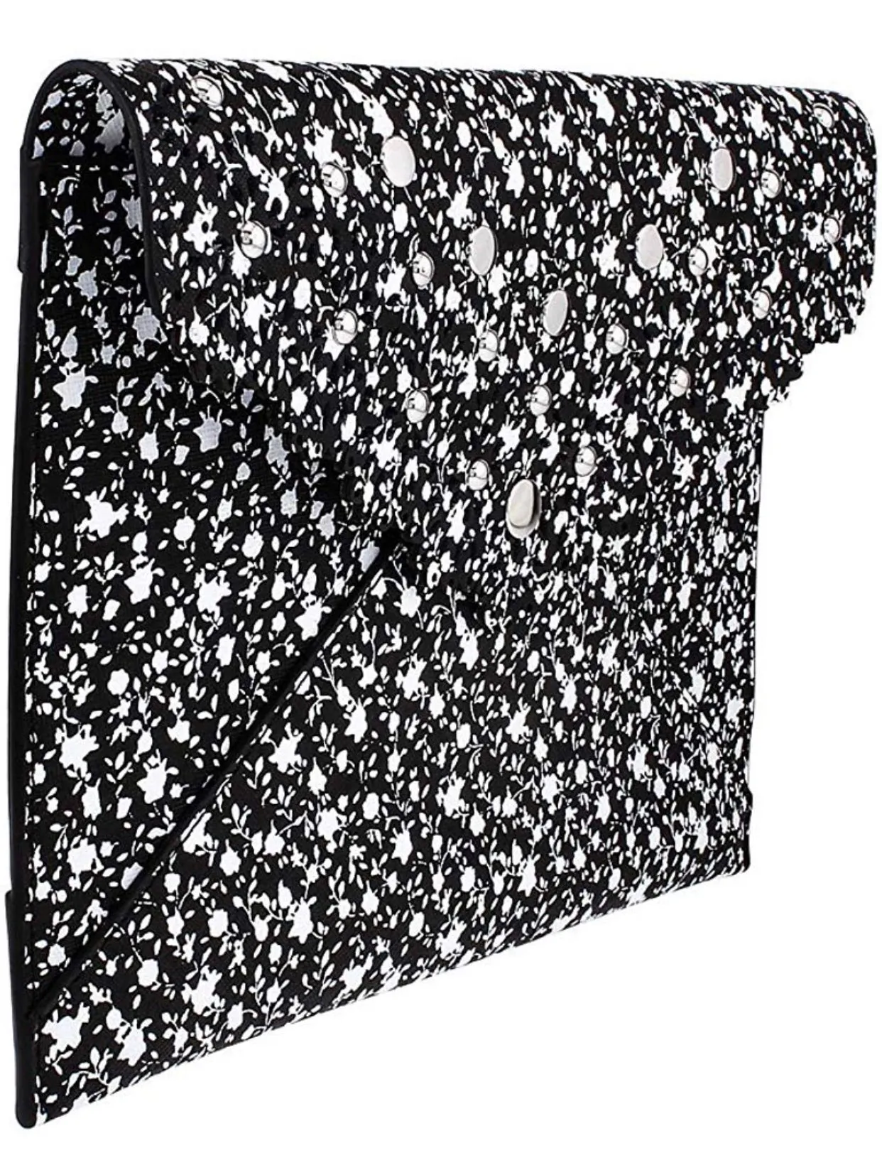 Rebecca Minkoff Leo Laser Cut Studs Scallop Edge Black Print Leather Envelope Clutch
