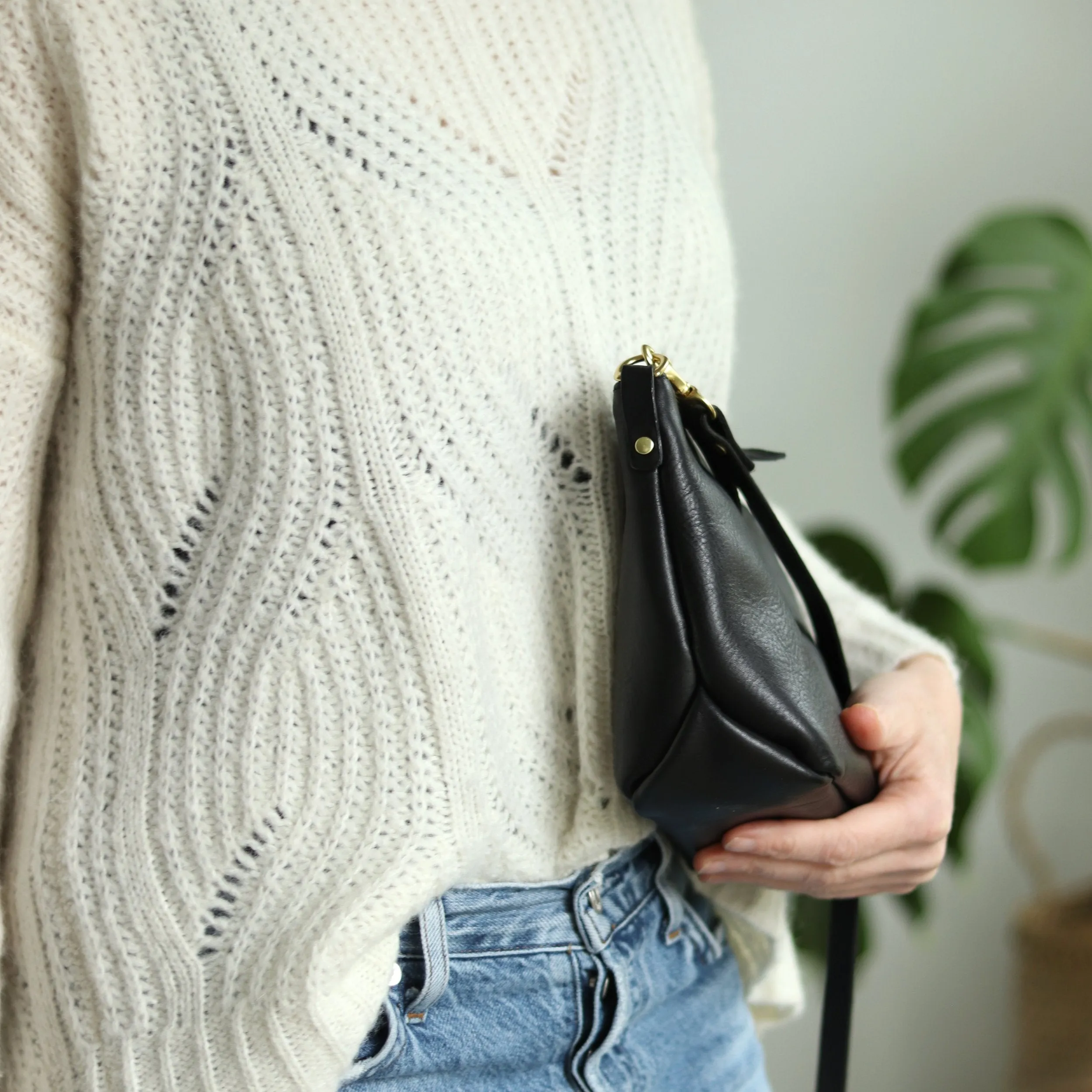 Sale - Small Leather Convertible Crossbody Clutch Bag - Black Pebble