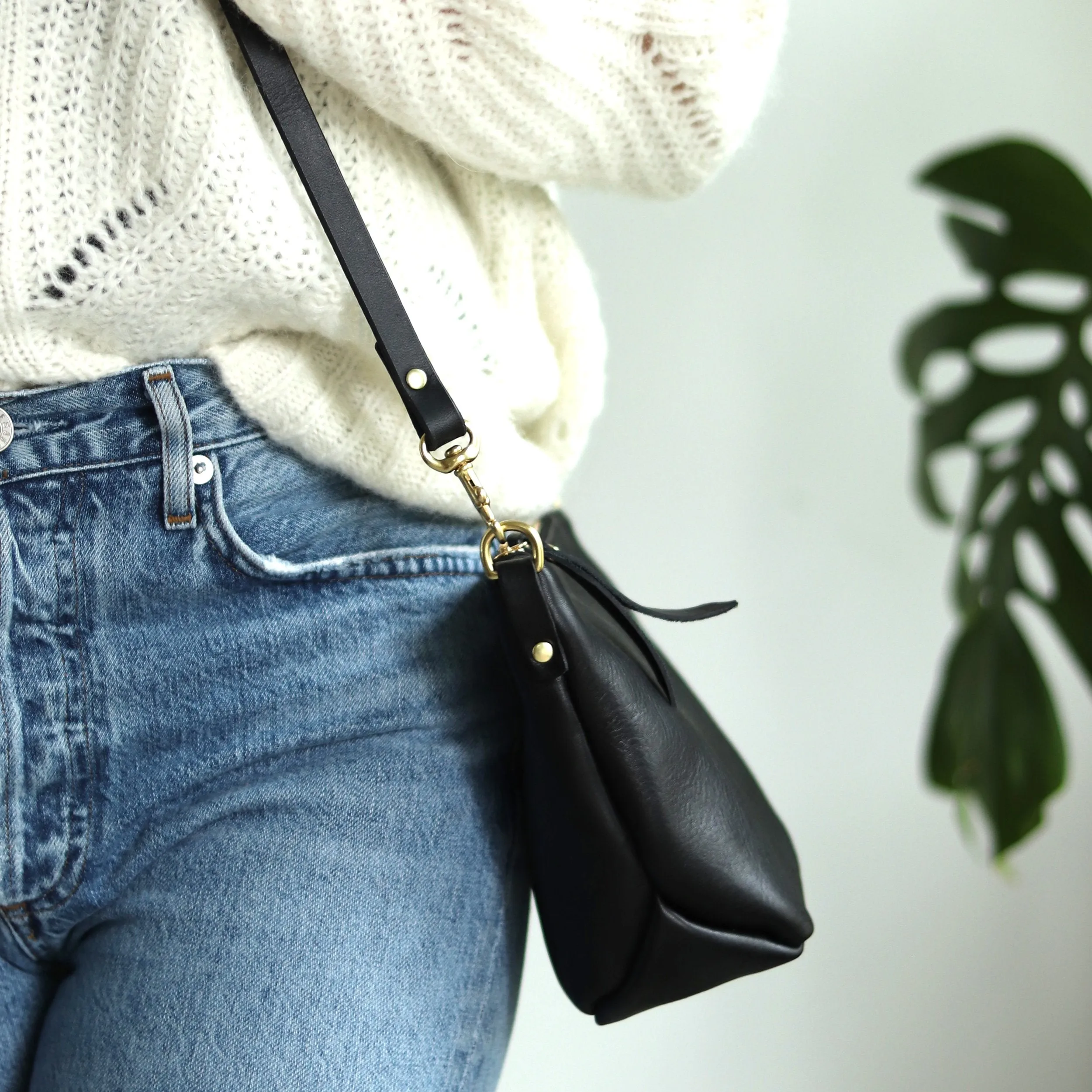 Sale - Small Leather Convertible Crossbody Clutch Bag - Black Pebble