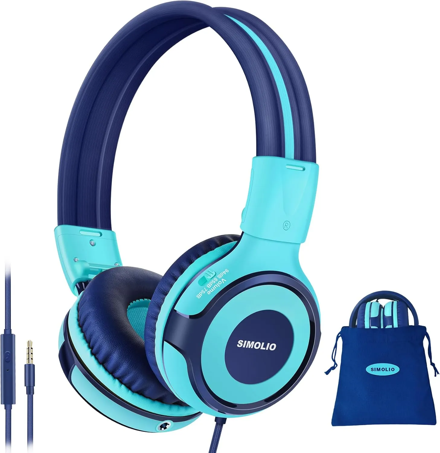 SIMOLIO Kids Headphones for School Travel, Headphones for Kids with Mic & Share Port, 75dB-85dB-94dB Safe Volume, Stereo Wired Foldable Headsetss for Boys, Girls, Child Earphones for Tablet (Mint)