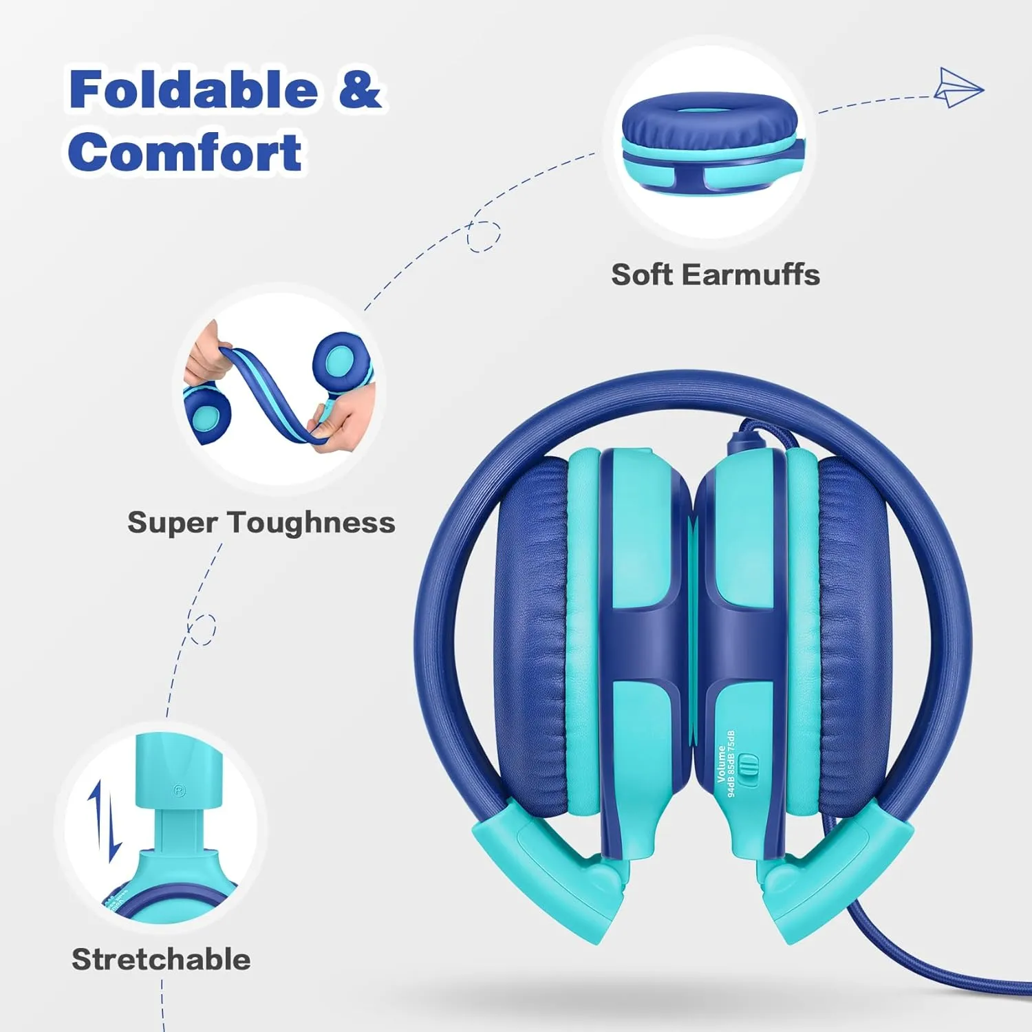 SIMOLIO Kids Headphones for School Travel, Headphones for Kids with Mic & Share Port, 75dB-85dB-94dB Safe Volume, Stereo Wired Foldable Headsetss for Boys, Girls, Child Earphones for Tablet (Mint)