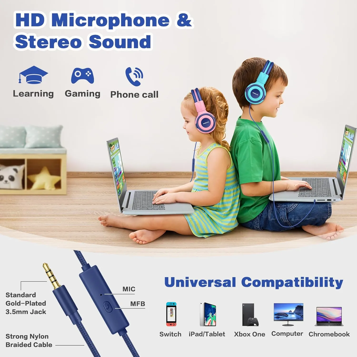 SIMOLIO Kids Headphones for School Travel, Headphones for Kids with Mic & Share Port, 75dB-85dB-94dB Safe Volume, Stereo Wired Foldable Headsetss for Boys, Girls, Child Earphones for Tablet (Mint)