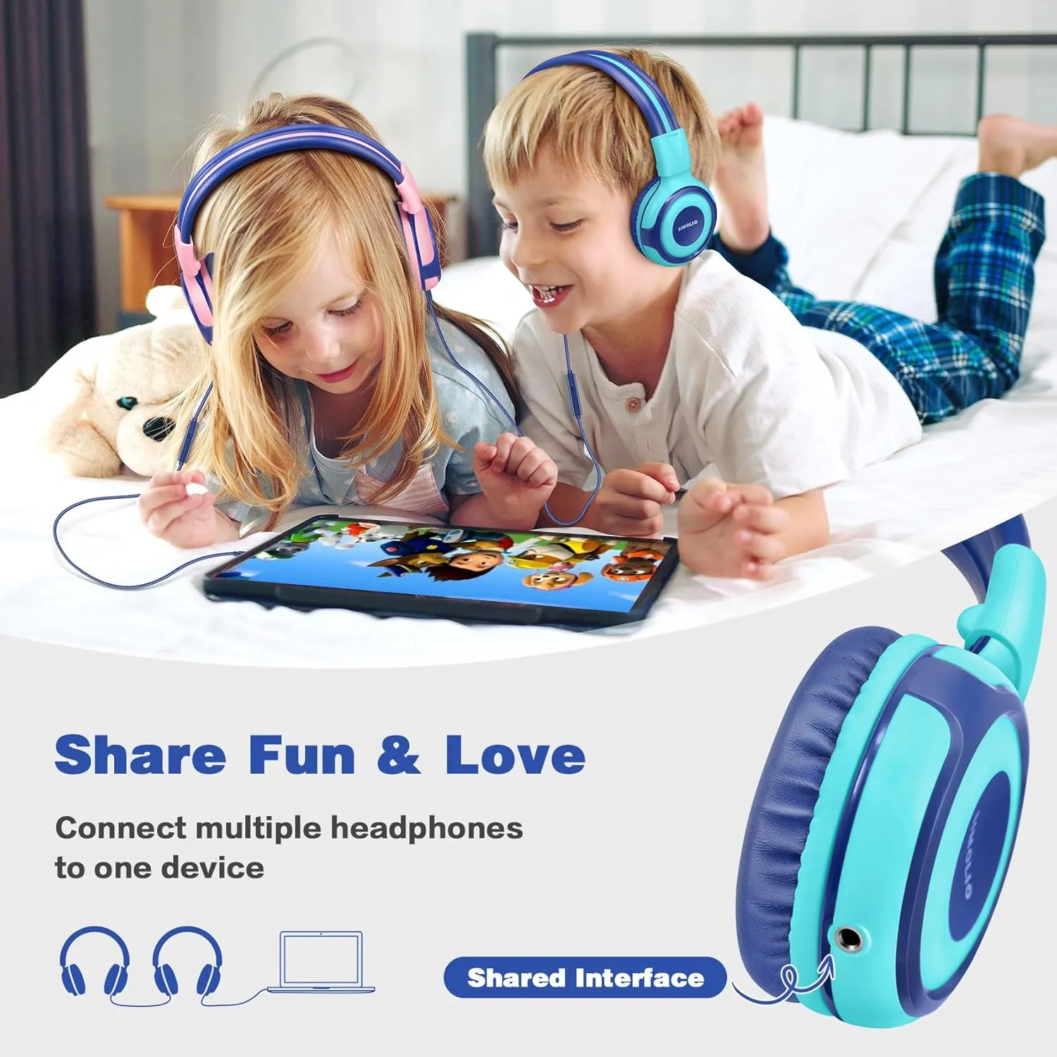 SIMOLIO Kids Headphones for School Travel, Headphones for Kids with Mic & Share Port, 75dB-85dB-94dB Safe Volume, Stereo Wired Foldable Headsetss for Boys, Girls, Child Earphones for Tablet (Mint)