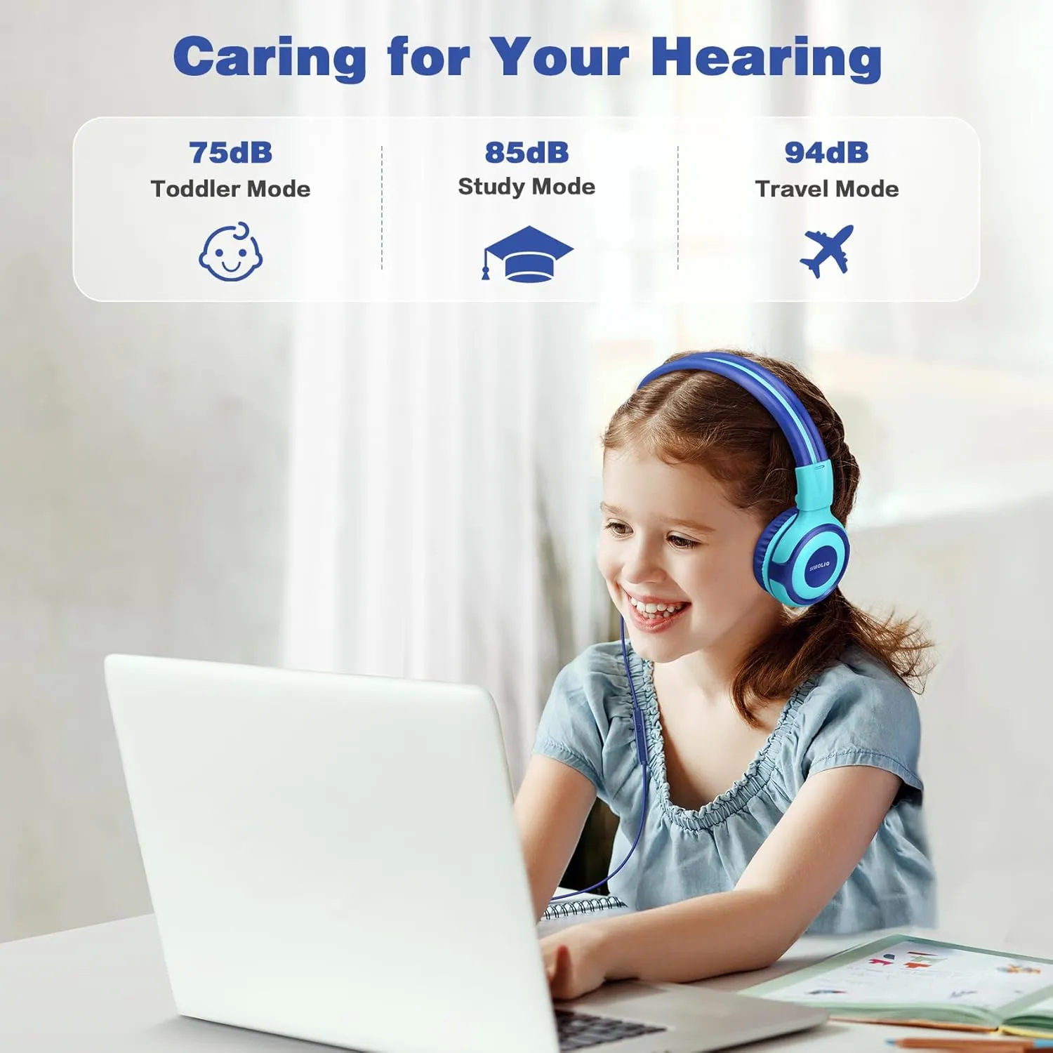 SIMOLIO Kids Headphones for School Travel, Headphones for Kids with Mic & Share Port, 75dB-85dB-94dB Safe Volume, Stereo Wired Foldable Headsetss for Boys, Girls, Child Earphones for Tablet (Mint)