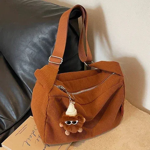 Sohiwoo Large Capacity Corduroy Women's Shoulder Bag Solid Color Casual Travel Female Messenger Bags Simple Retro Ladies Handbags