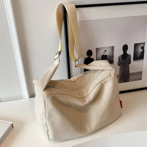 Sohiwoo Large Capacity Corduroy Women's Shoulder Bag Solid Color Casual Travel Female Messenger Bags Simple Retro Ladies Handbags