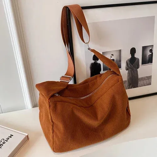 Sohiwoo Large Capacity Corduroy Women's Shoulder Bag Solid Color Casual Travel Female Messenger Bags Simple Retro Ladies Handbags