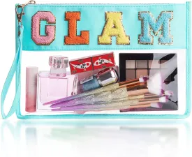 Sparkle Chenille Textured Glamorous Beauty Case, Nylon Preppy Patch Makeup Bag Small Travel Makeup Zipper Pouch Purse with Handle