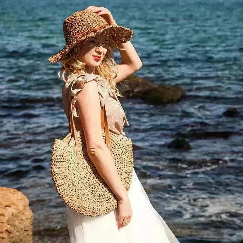 Women Boho Woven Handbag Summer Beach Tote Straw Bag Round Rattan Shoulder