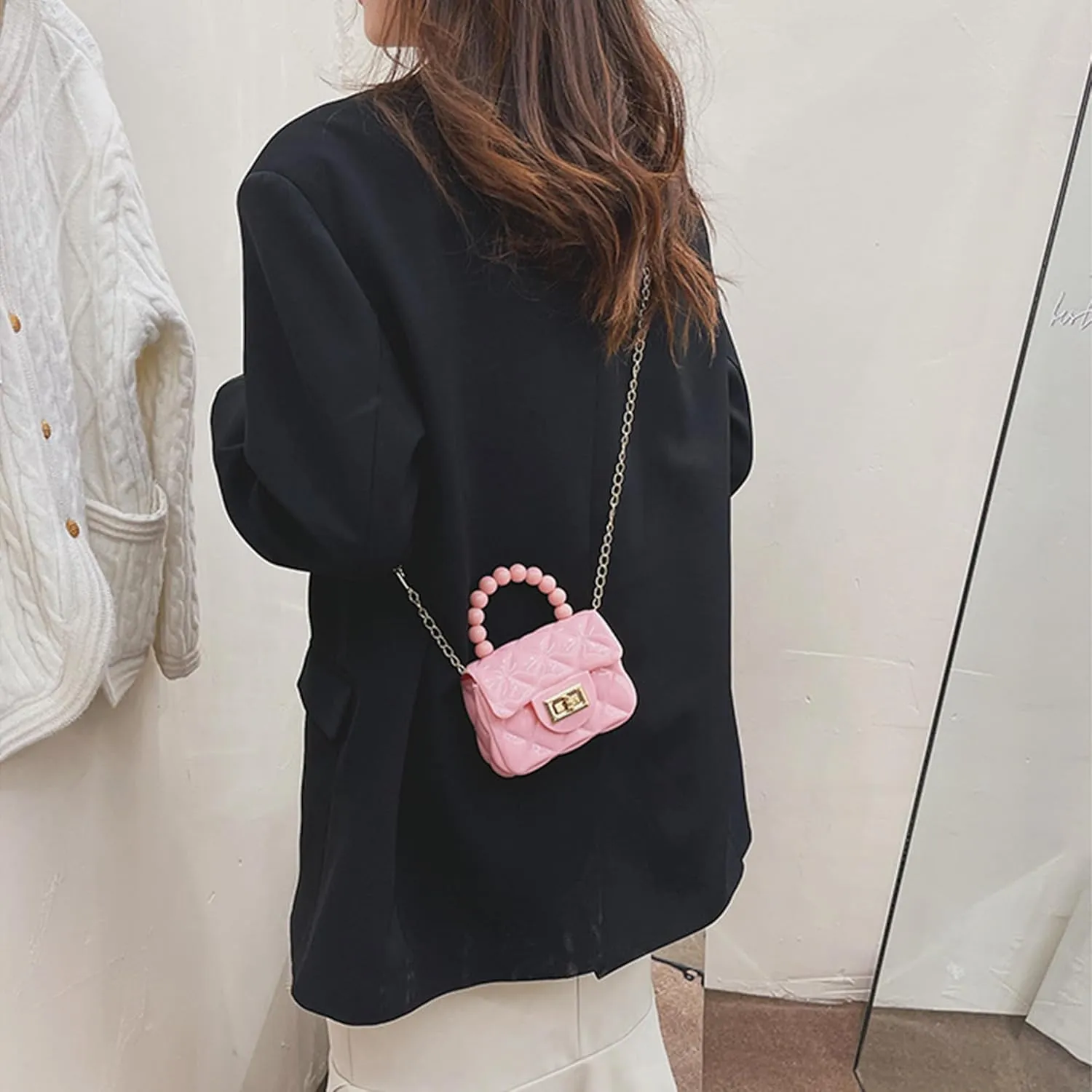 Women Girls Mini Jelly Purse Small Candy Color Jelly Crossbody Bag Cute Princess Shoulder Bag with Pearls Top Handle