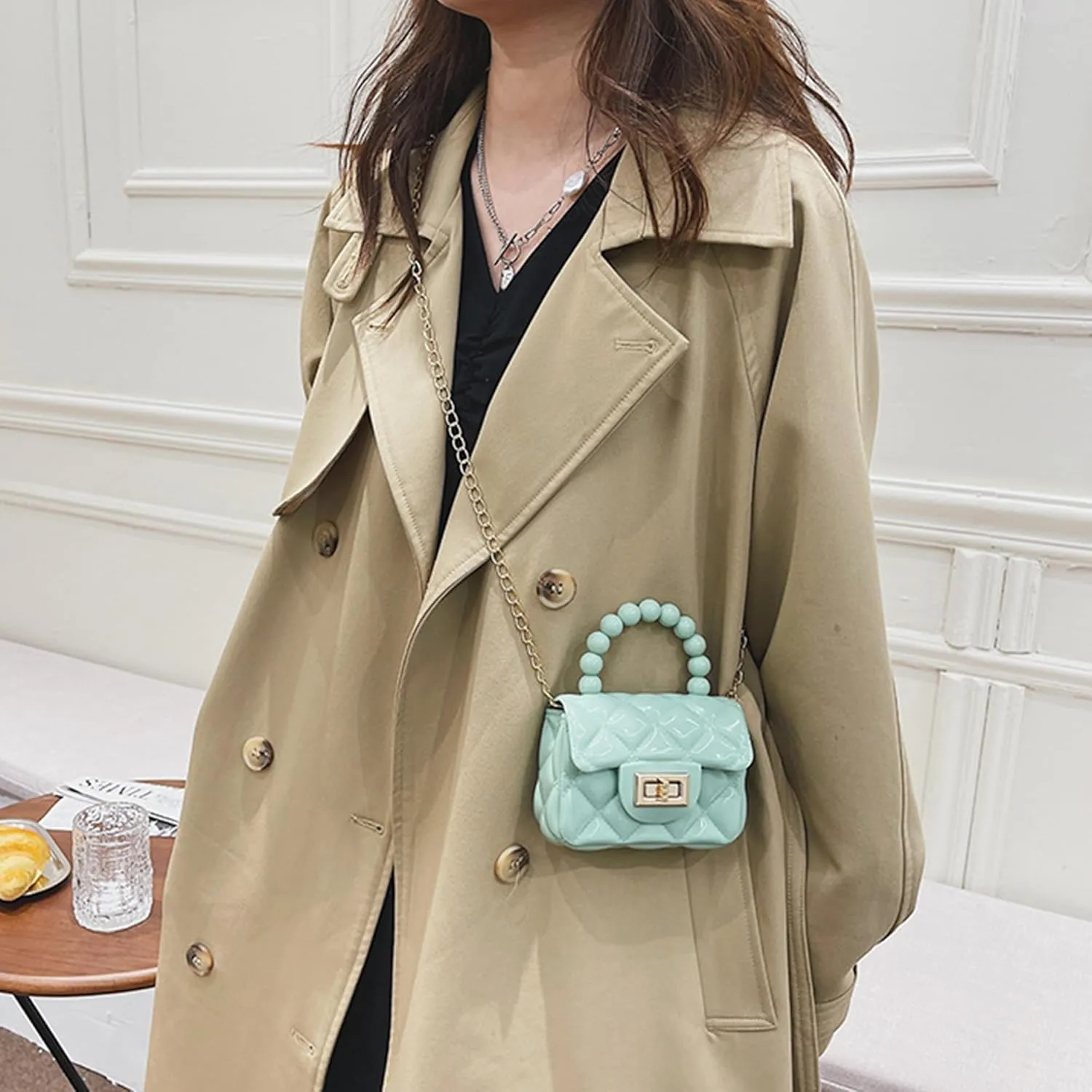 Women Girls Mini Jelly Purse Small Candy Color Jelly Crossbody Bag Cute Princess Shoulder Bag with Pearls Top Handle