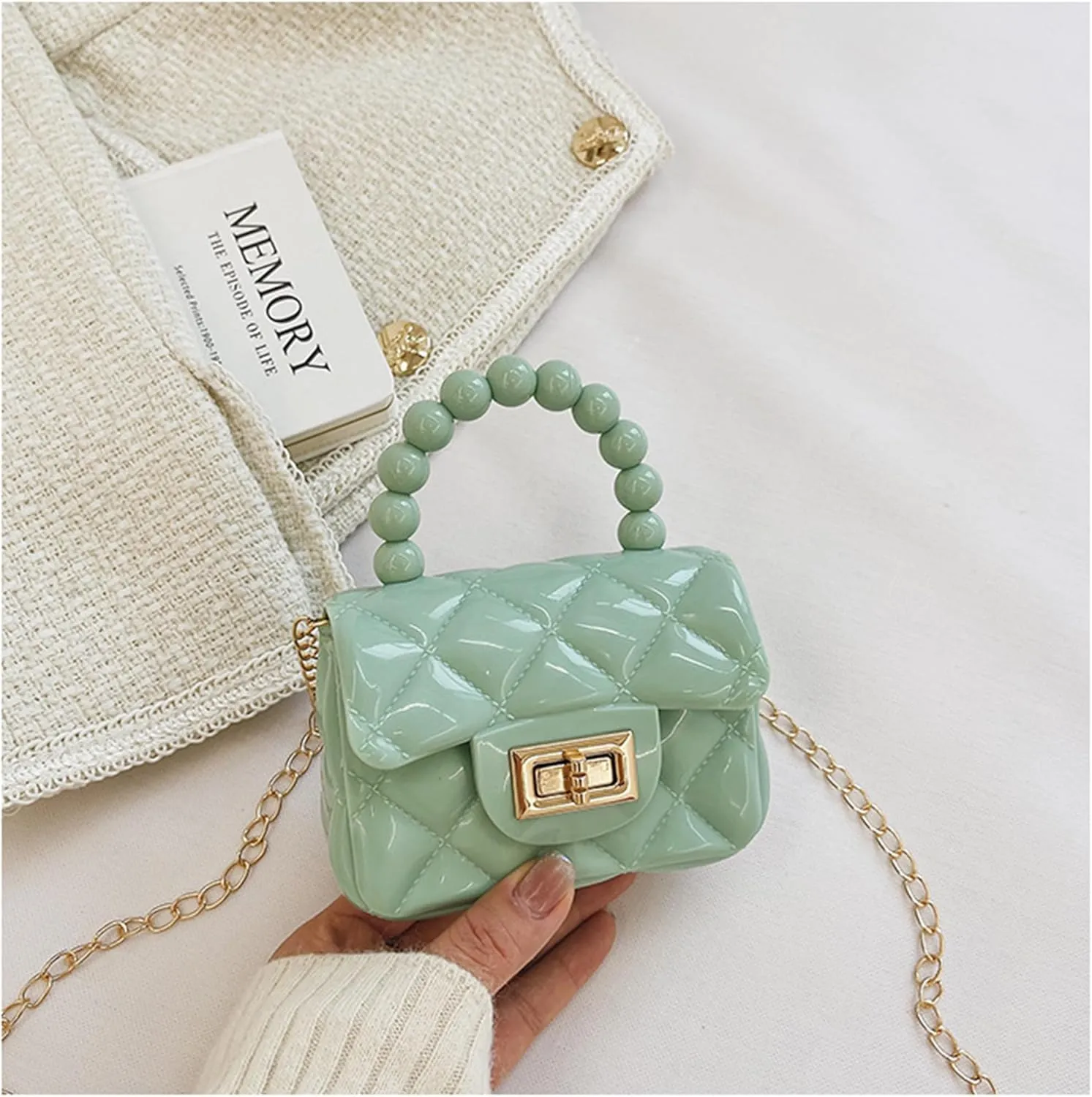 Women Girls Mini Jelly Purse Small Candy Color Jelly Crossbody Bag Cute Princess Shoulder Bag with Pearls Top Handle