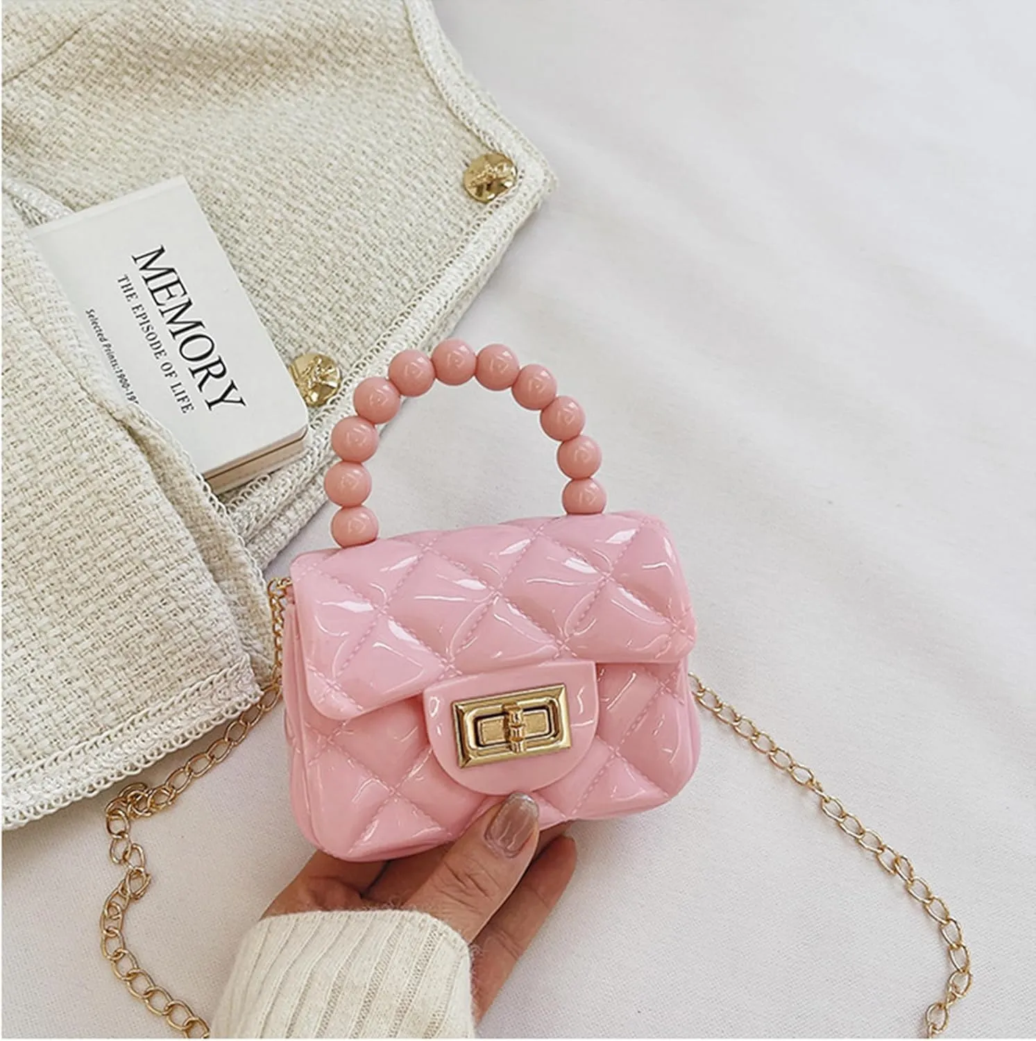 Women Girls Mini Jelly Purse Small Candy Color Jelly Crossbody Bag Cute Princess Shoulder Bag with Pearls Top Handle