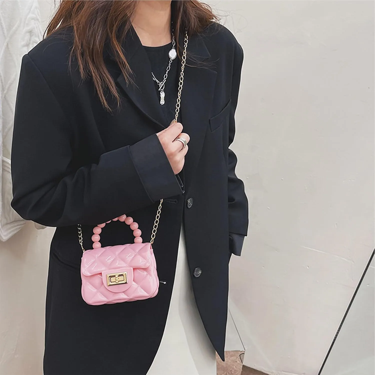 Women Girls Mini Jelly Purse Small Candy Color Jelly Crossbody Bag Cute Princess Shoulder Bag with Pearls Top Handle