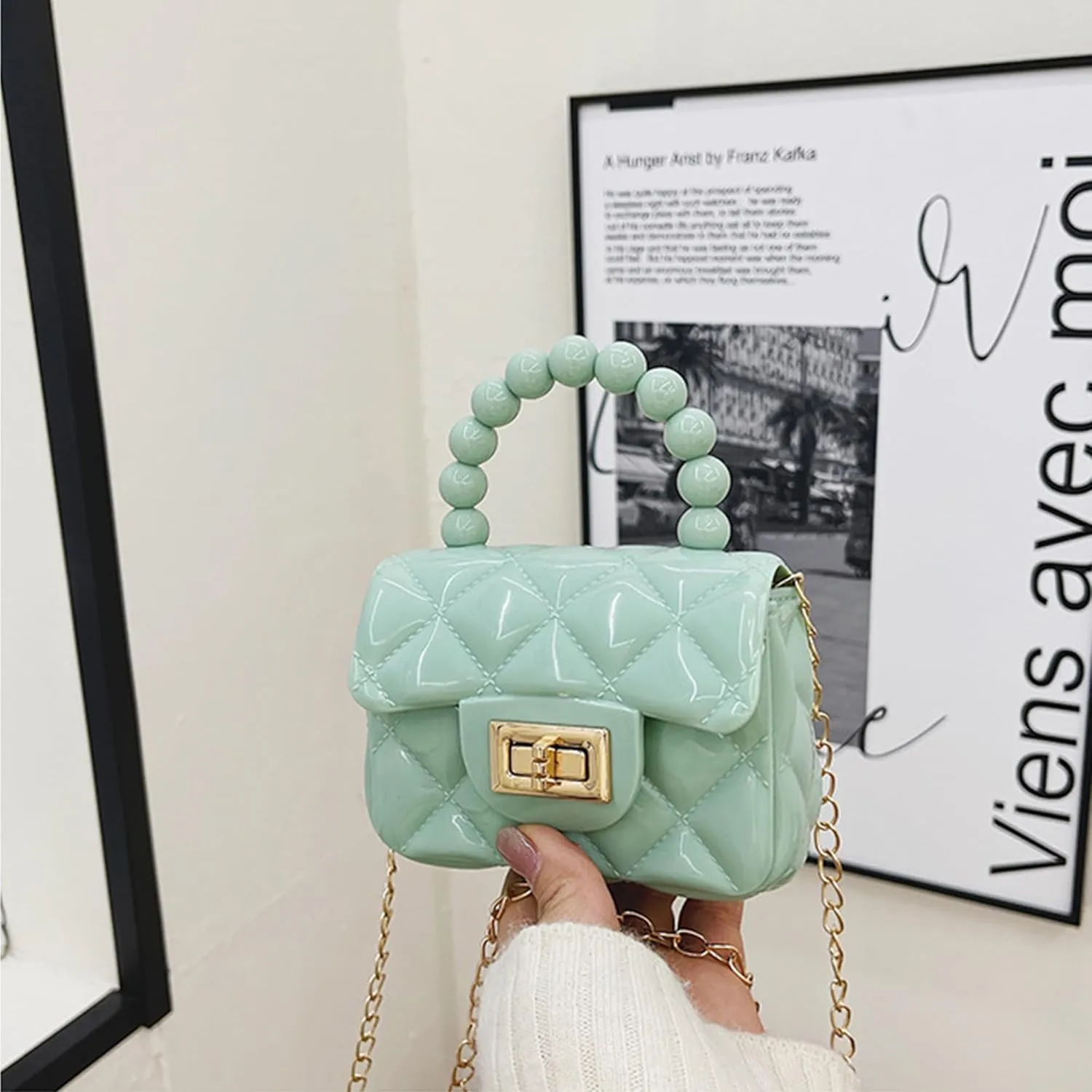 Women Girls Mini Jelly Purse Small Candy Color Jelly Crossbody Bag Cute Princess Shoulder Bag with Pearls Top Handle