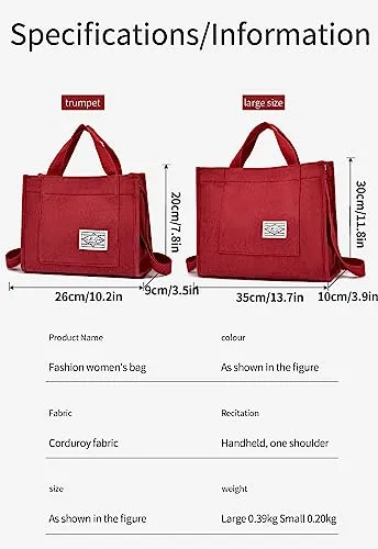 Women Shoulder Bag Fashion Backpack Letter Handbag Crossbody Bag Corduroy Messenger Bag