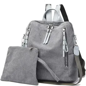 Womens Corduroy Casual Backpack Purse Convertible Travel Shoulder Bag with Wristlet Corduroy Wallet Handbag,Grey