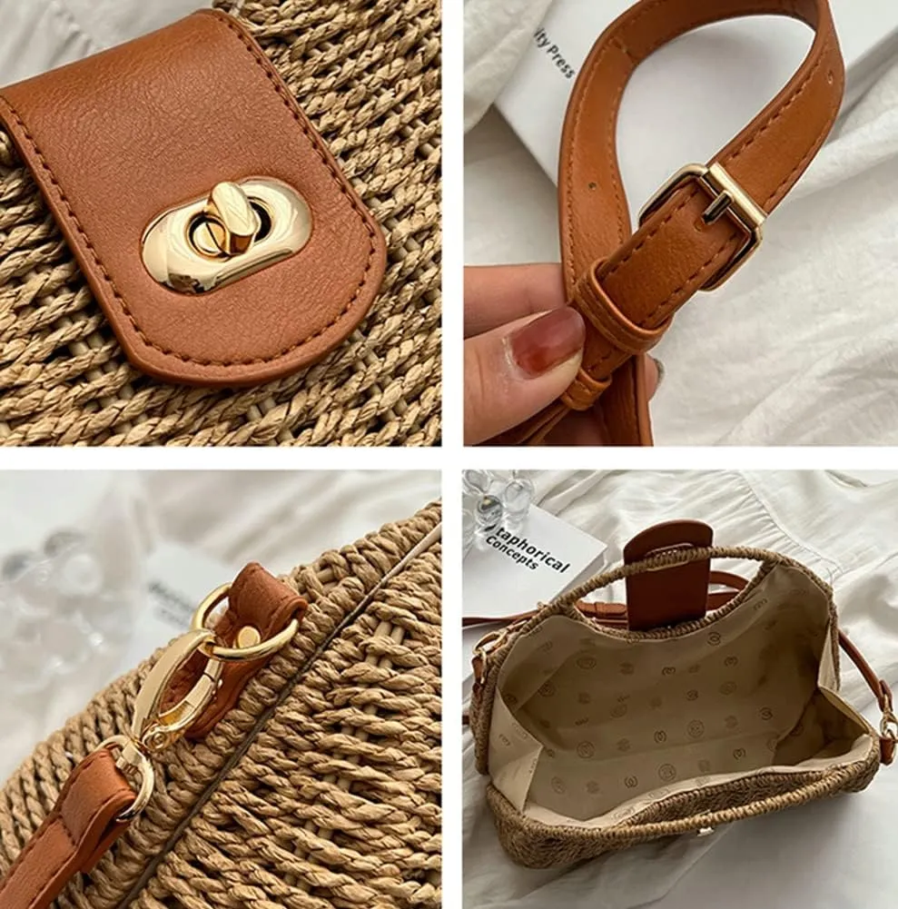Women's Handwoven Straw Crossbody Tote Bag - Rattan Top Handle Shoulder Handbag for Summer Beach - Clutch Purse