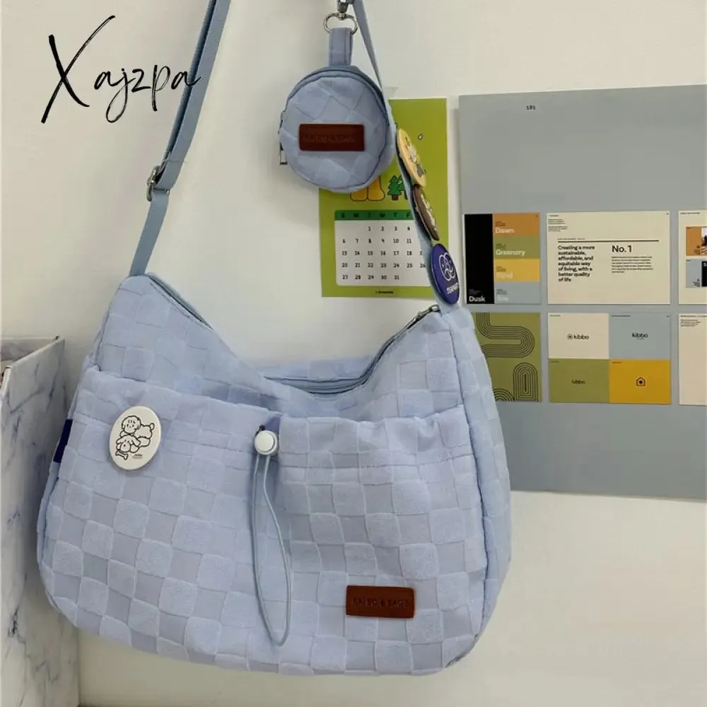 Xajzpa - Harajuku Style College Crossbody Bag Solid Color Plaid Print Large Capacity Shoulder Bag New Cute Fashion Designer Handbag