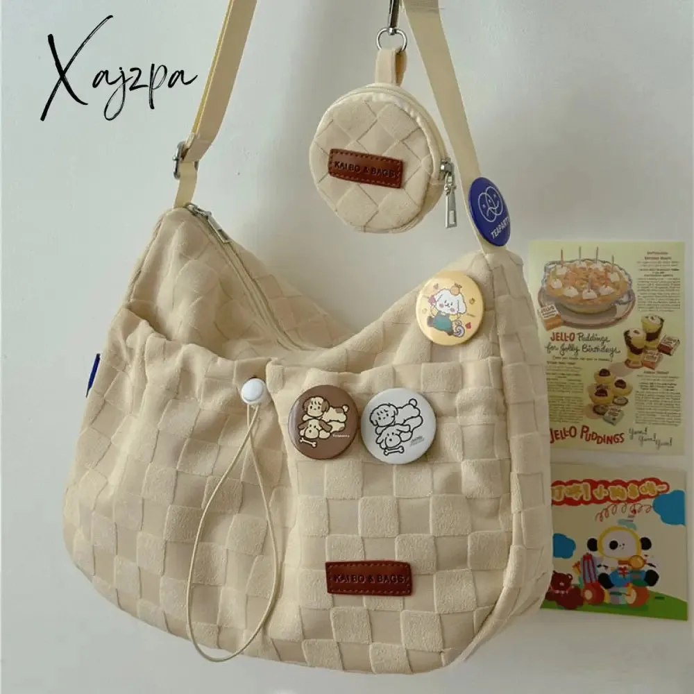 Xajzpa - Harajuku Style College Crossbody Bag Solid Color Plaid Print Large Capacity Shoulder Bag New Cute Fashion Designer Handbag