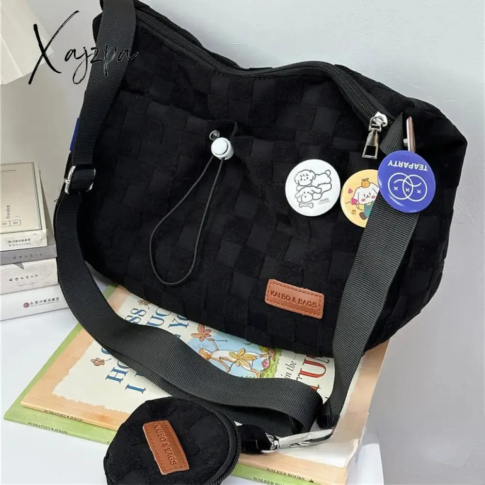 Xajzpa - Harajuku Style College Crossbody Bag Solid Color Plaid Print Large Capacity Shoulder Bag New Cute Fashion Designer Handbag