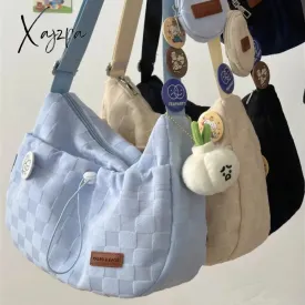 Xajzpa - Harajuku Style College Crossbody Bag Solid Color Plaid Print Large Capacity Shoulder Bag New Cute Fashion Designer Handbag