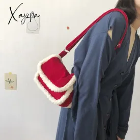 Xajzpa - Plush Crossbody Bag New Patchwork Color Corduroy Women Designer Handbags Winter Cute Shoulder Messenger Bags Female 428