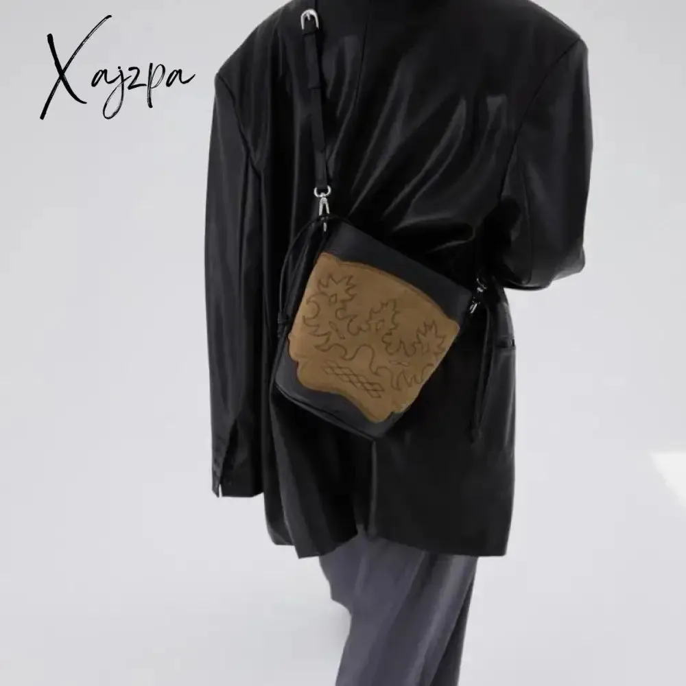 Xajzpa - Vintage Women Crossbody Bag Fashion Embroidery Brown Gothic Handbag American Street Biker Style Hip Hop Punk Bucket Bag