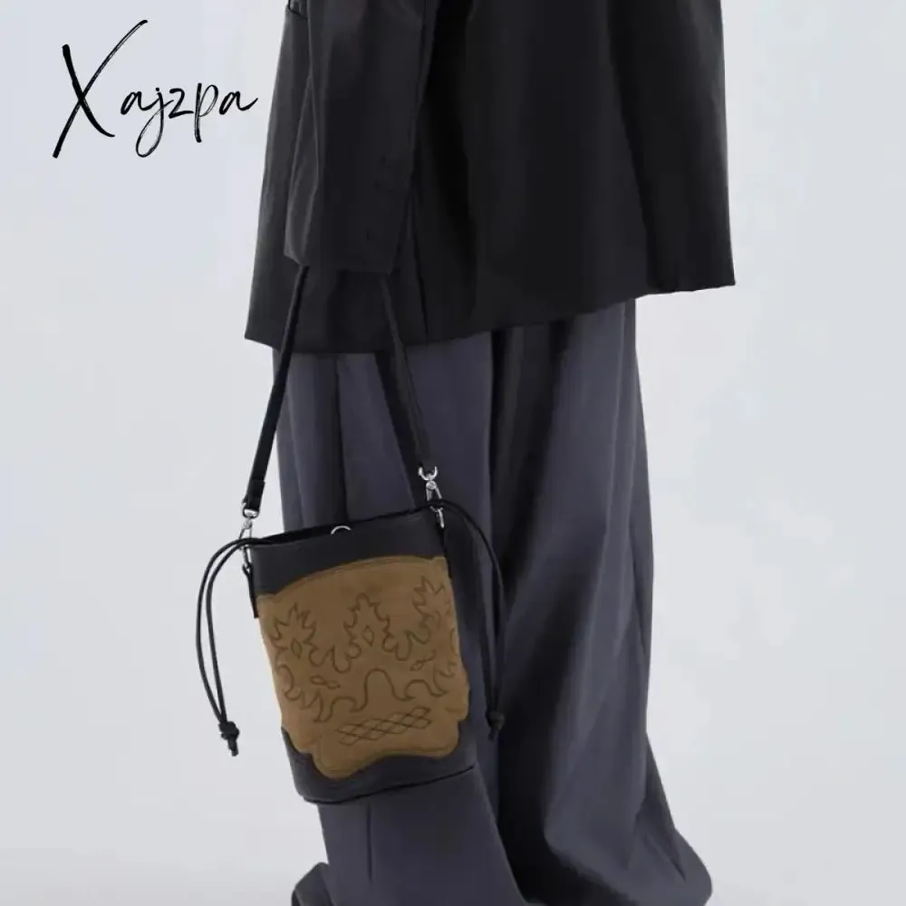 Xajzpa - Vintage Women Crossbody Bag Fashion Embroidery Brown Gothic Handbag American Street Biker Style Hip Hop Punk Bucket Bag